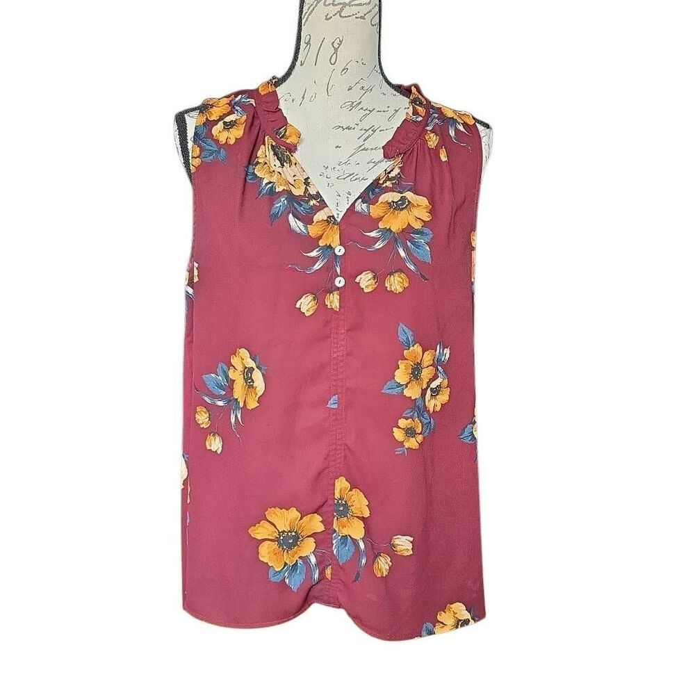 West Kei Women's Size Large Burgundy Yellow Teal Floral Print Sleeveless Blouse